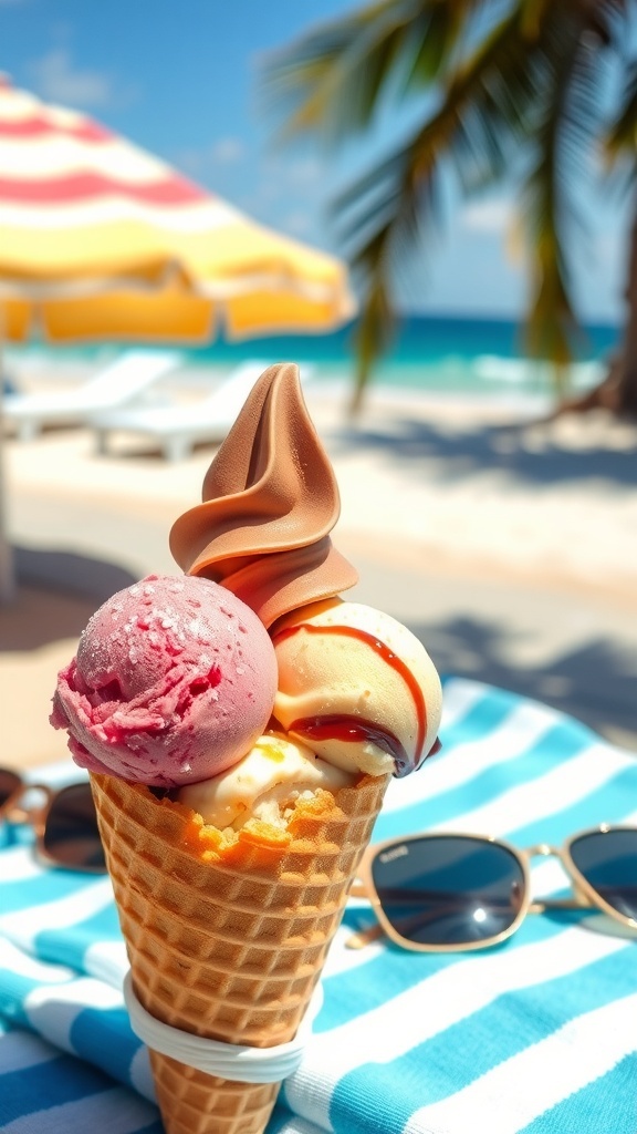 Colorful homemade ice cream cones on a sunny beach with ocean waves in the background.